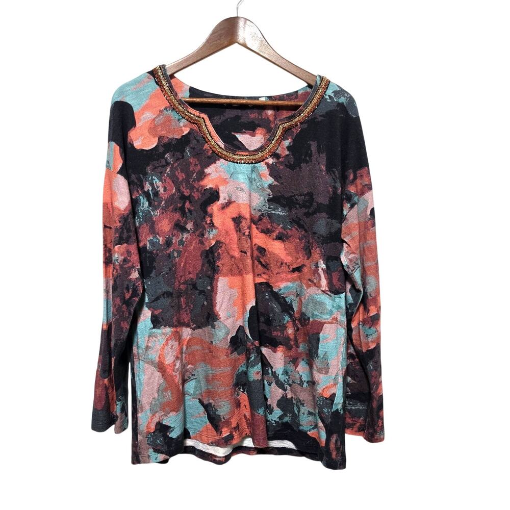 Soft Surroundings Top Women's Size L Cotton Blend Bead Neckline Boho-chic Casual